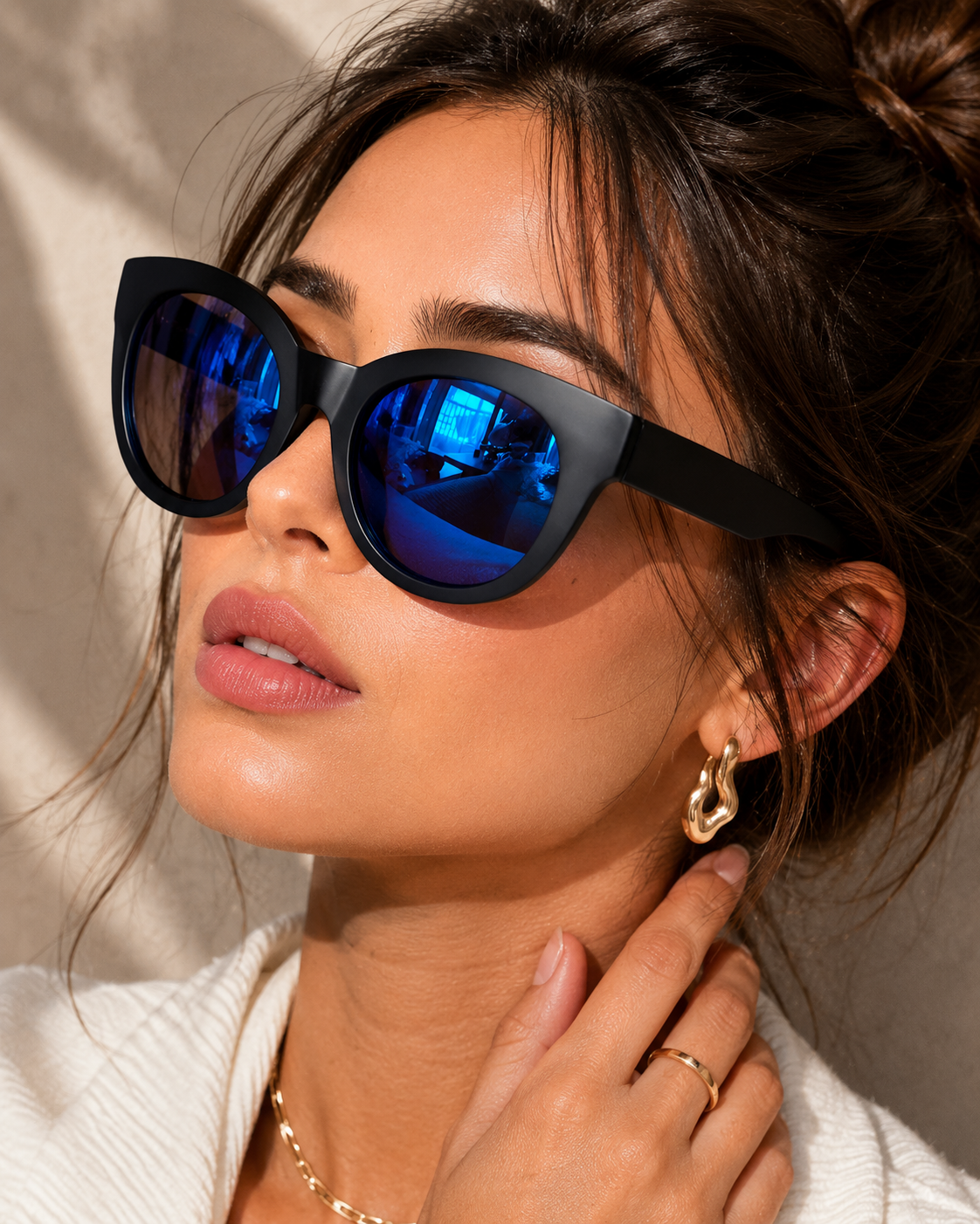 Women's Matte Black Cat Eye Sunglasses with Blue Mirror Lens