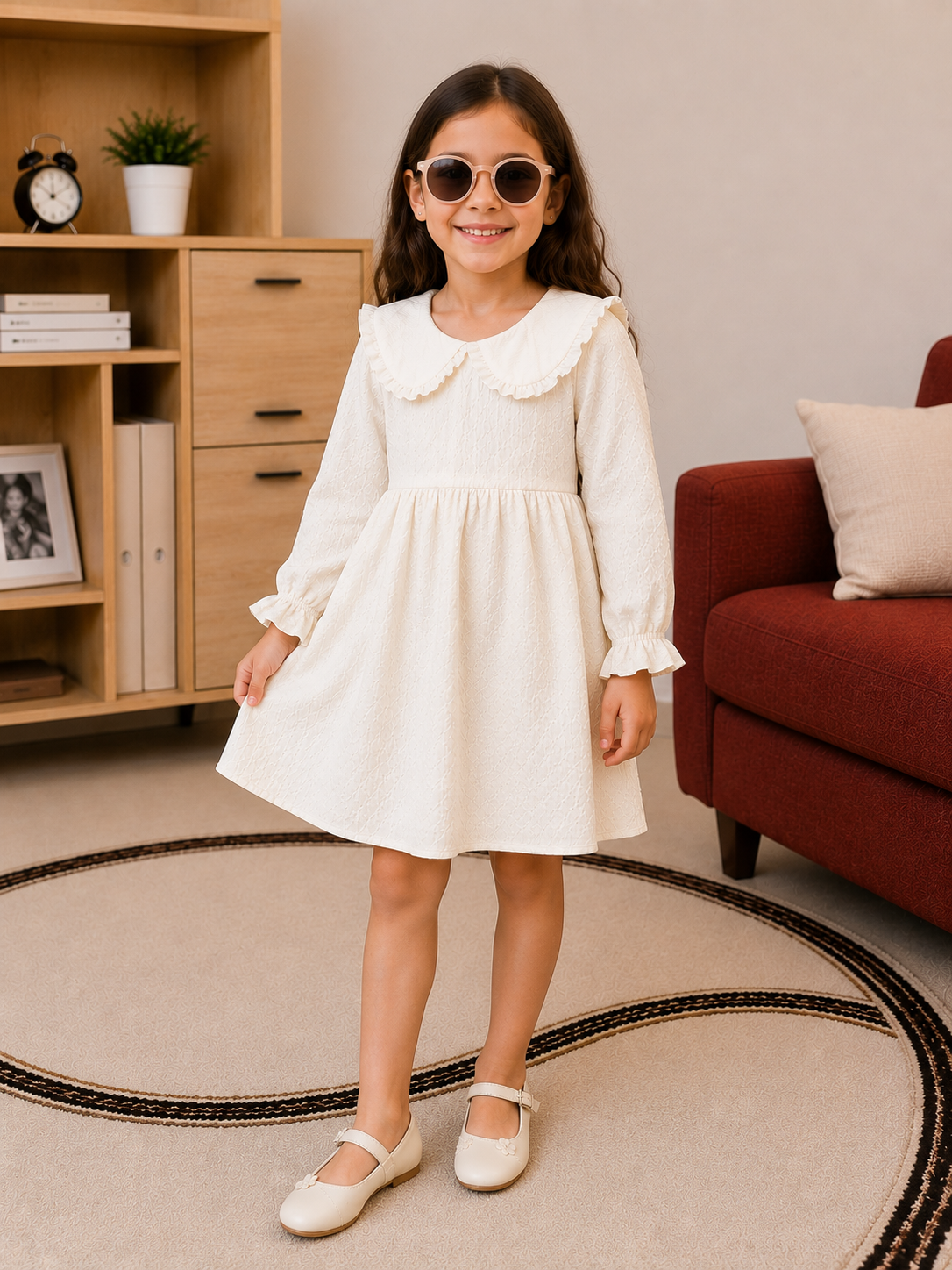 Girls Elegant Textured White Dress with Peter Pan Collar