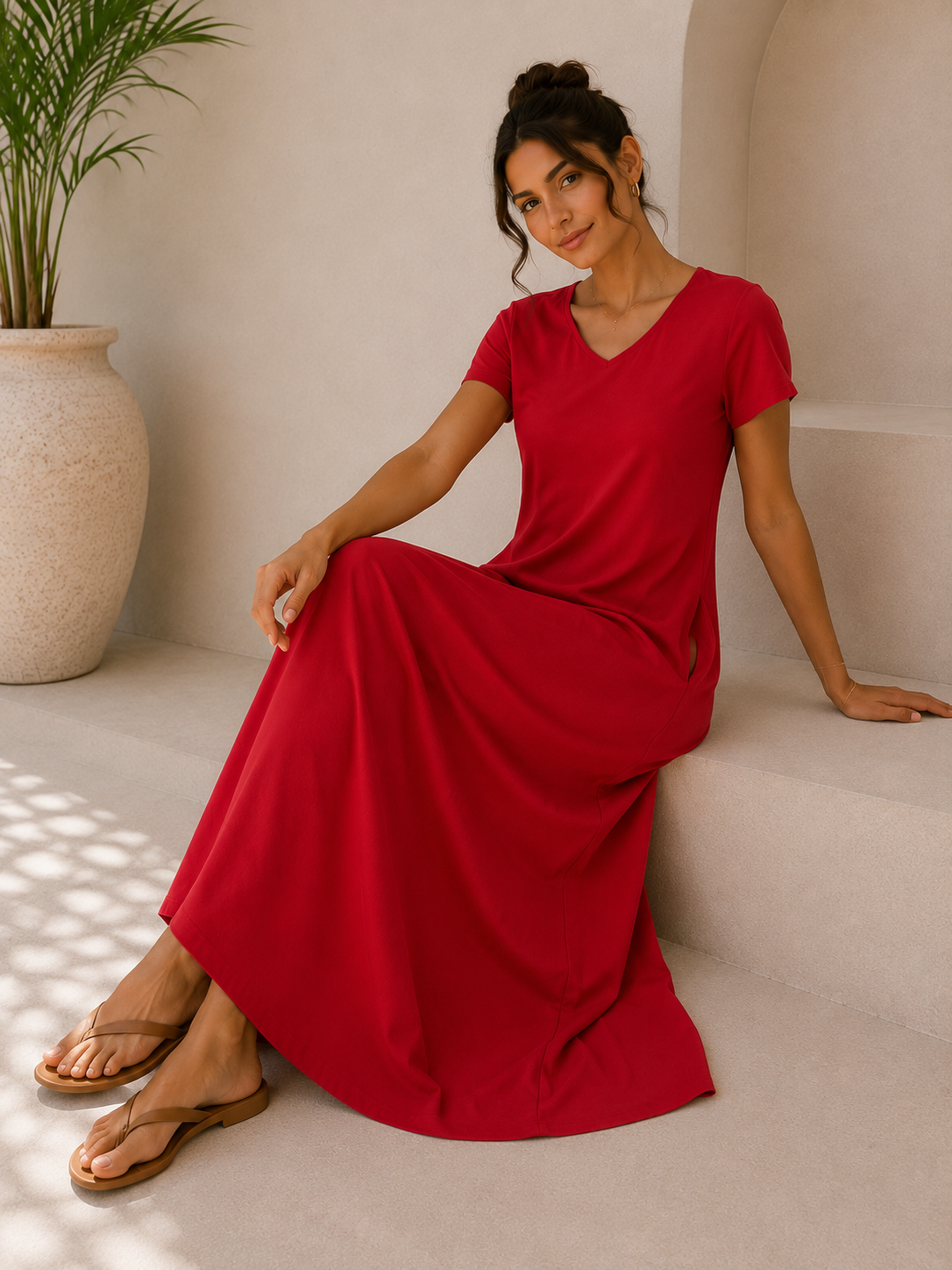 Red Maxi Dress with Side Pockets