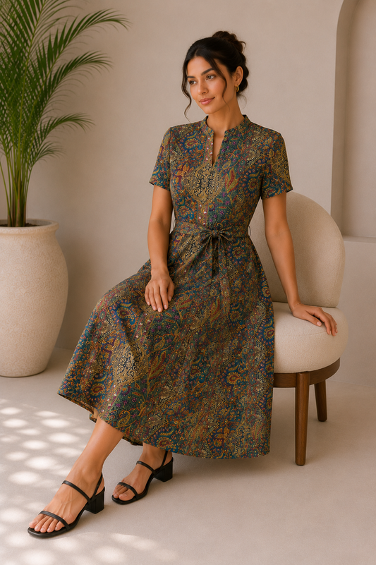 Bohemian Printed Midi Dress with Waist Tie Belt