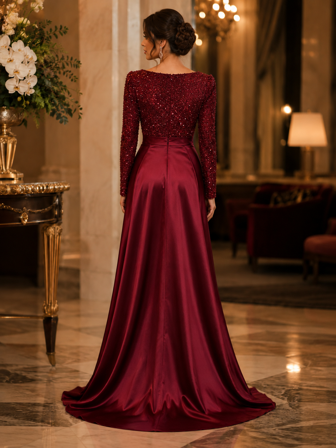 Burgundy Sequin Satin Evening Dress
