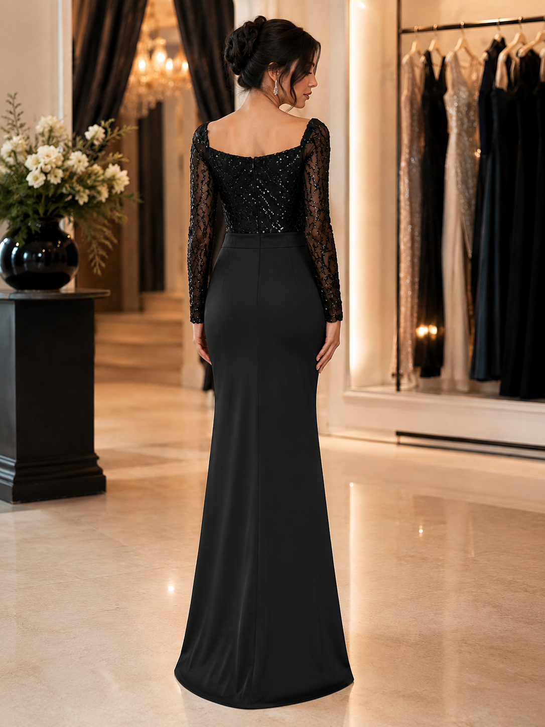 Black Sequin Lace Sleeve Evening Dress