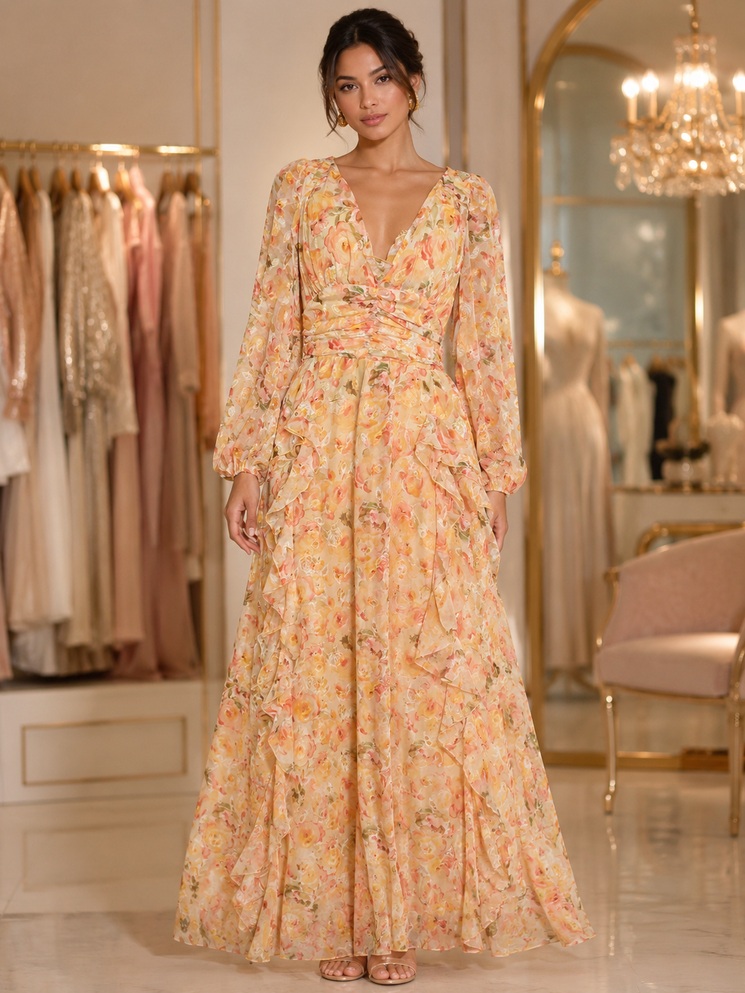 Floral Chiffon V-Neck Maxi Dress