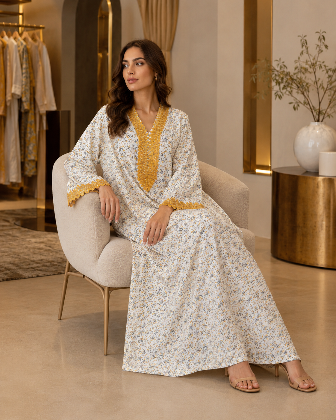 Floral Crepe Abaya with Gold Embroidery
