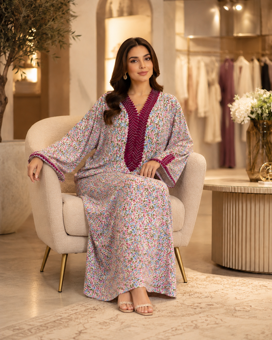 Multicolor Floral Crepe Abaya with Burgundy Embroidery