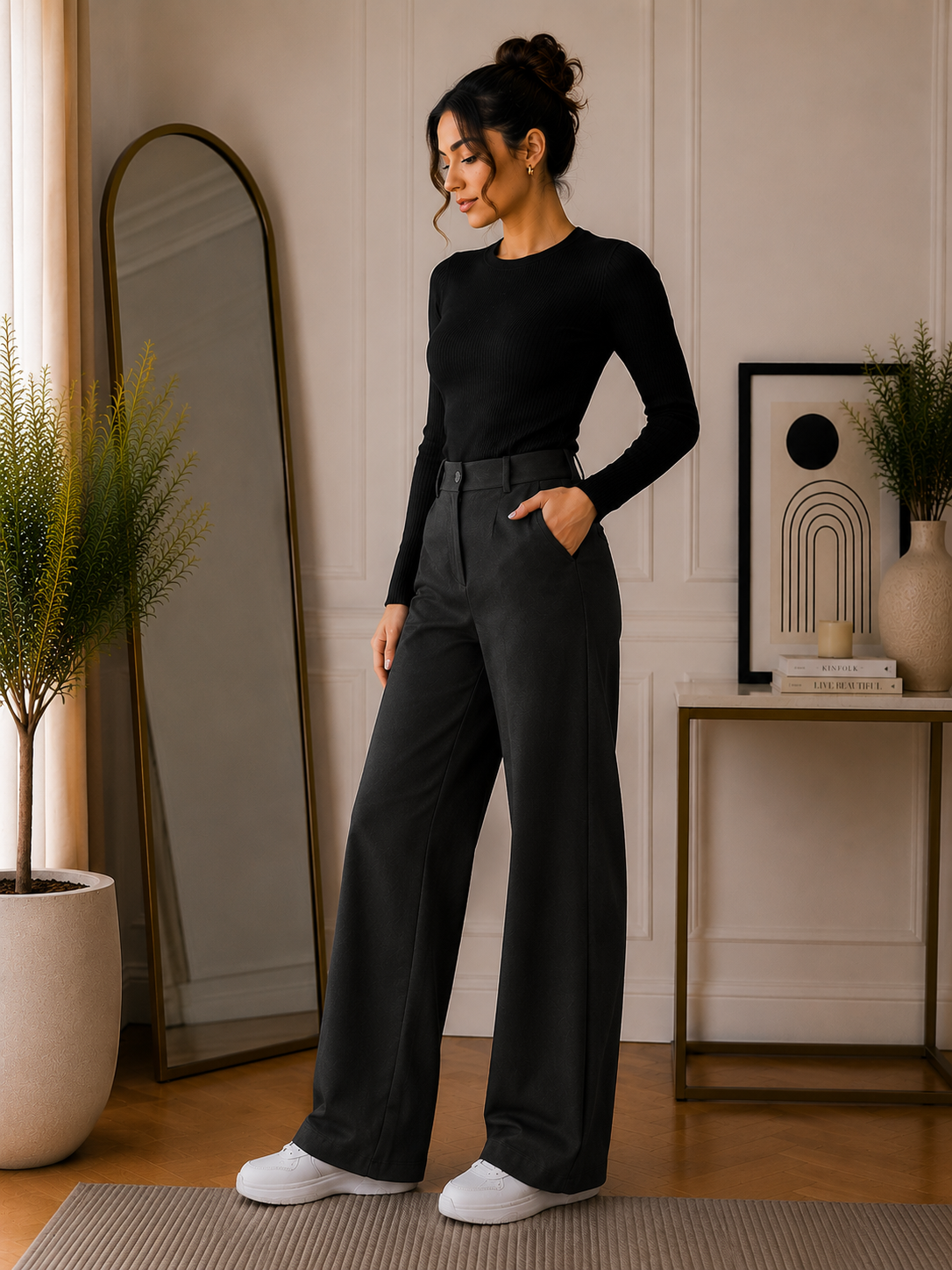 Women’s Black Wide Leg Crepe Pants