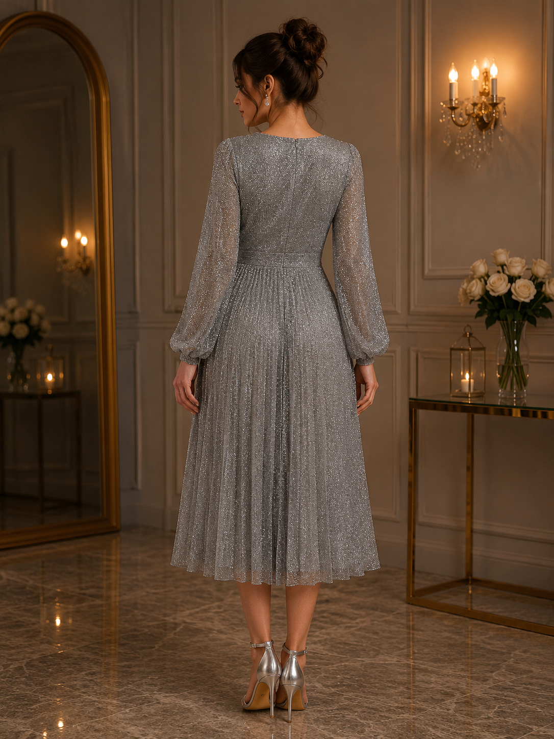 Silver Shimmer Pleated Midi Dress | Elegant Evening Wear