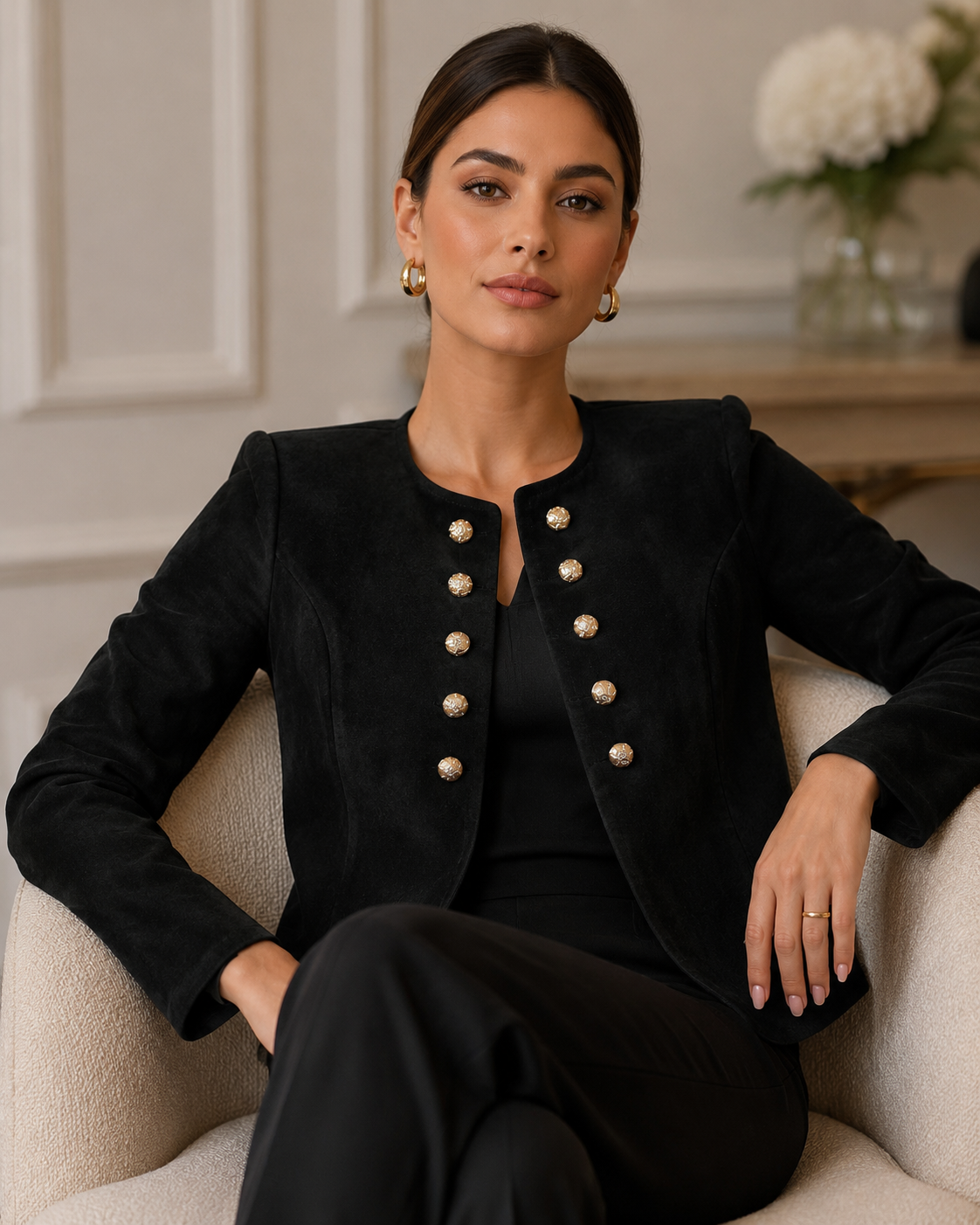 Black Lightweight Suede Blazer with Gold Buttons for Women