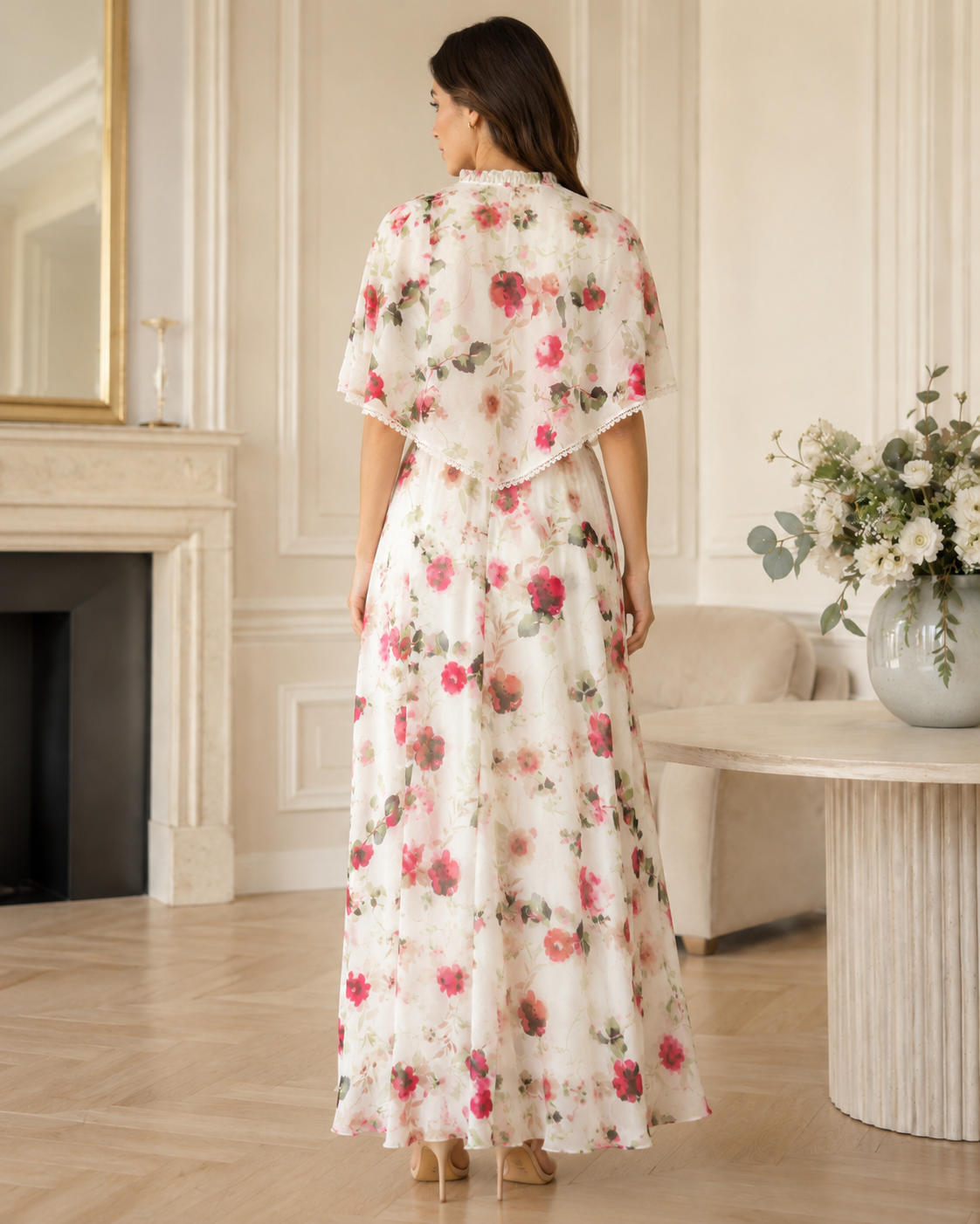 Floral Chiffon Cape Maxi Dress | Basma Styles