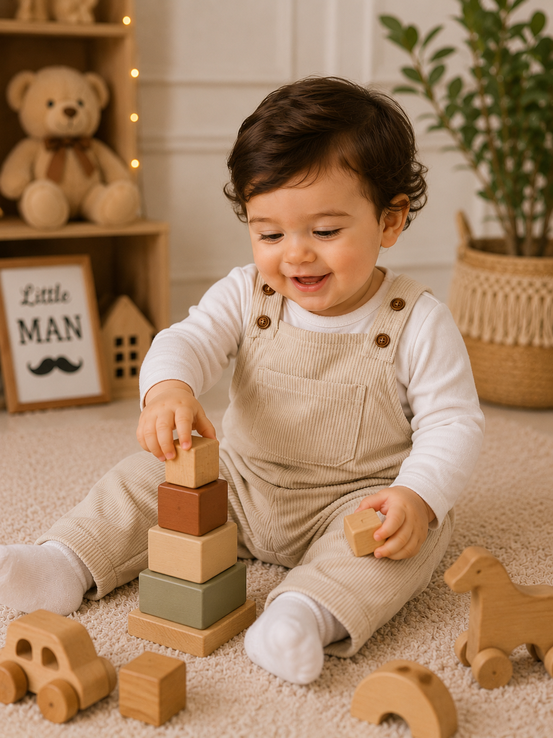 Baby Boy Beige Corduroy Salopette 1 Year