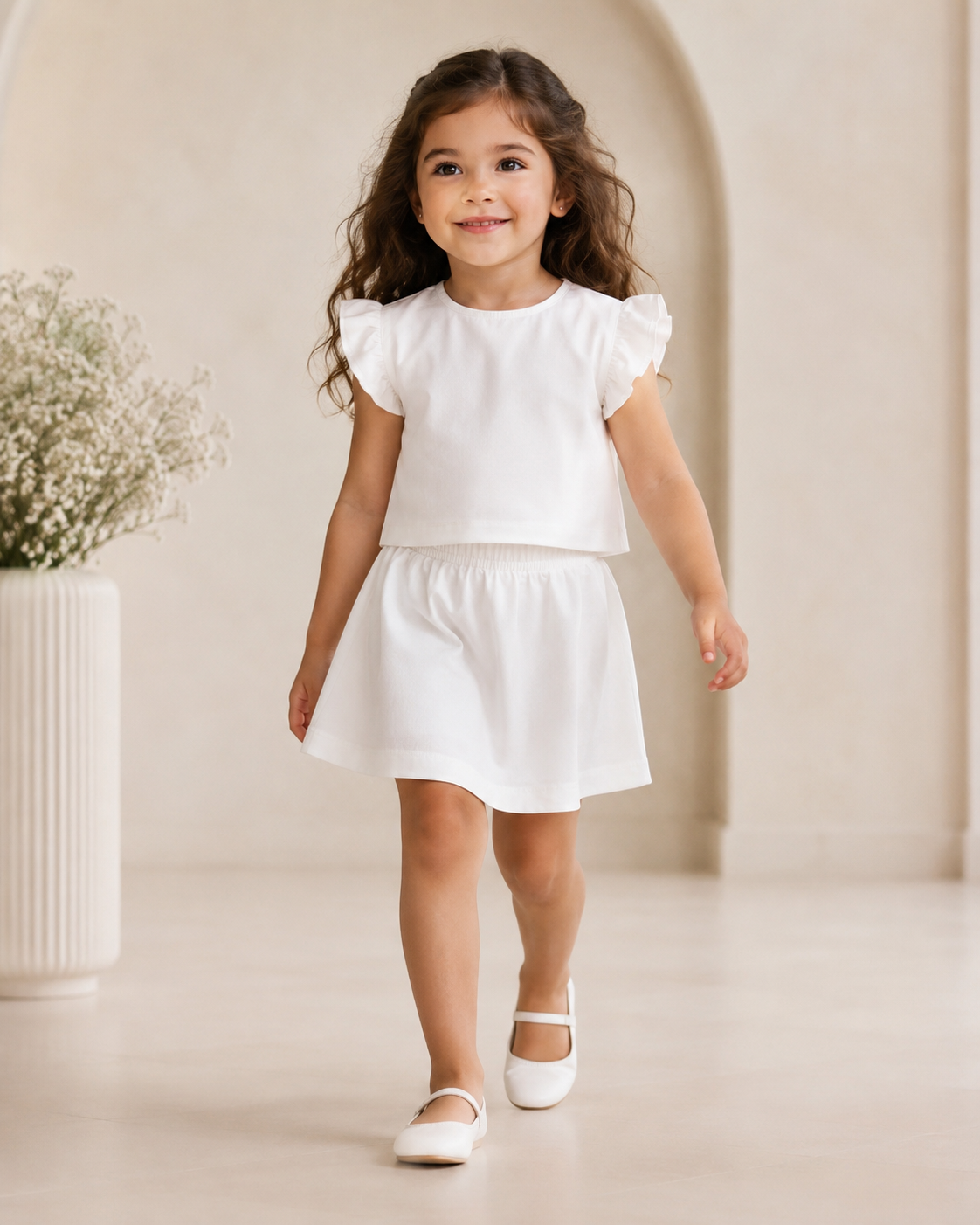 Girls White Crepe Skirt Set 4 Years