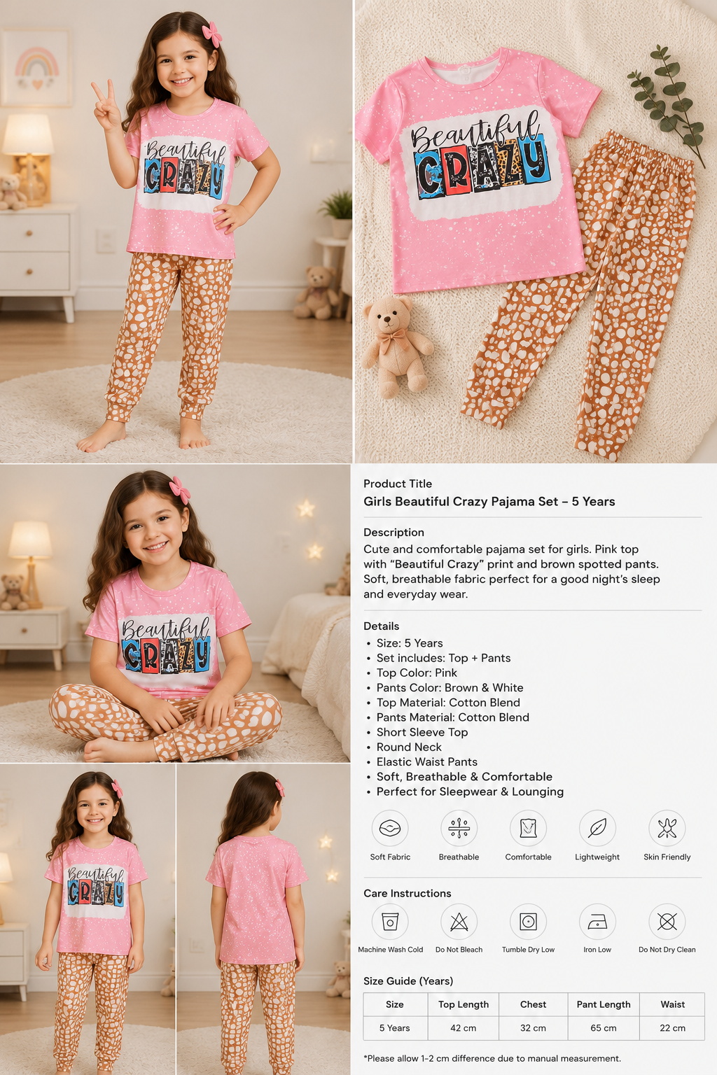 Girls Beautiful Crazy Pajama Set 5 Years