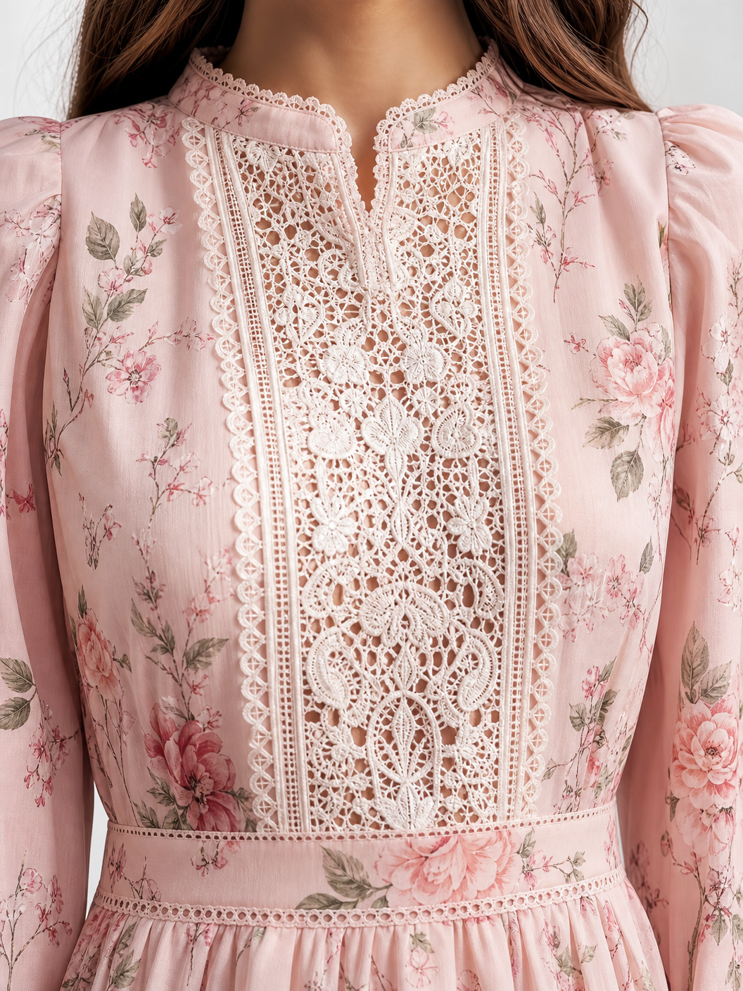 Romantic Floral Pink Midi Dress with Delicate White Lace Trim