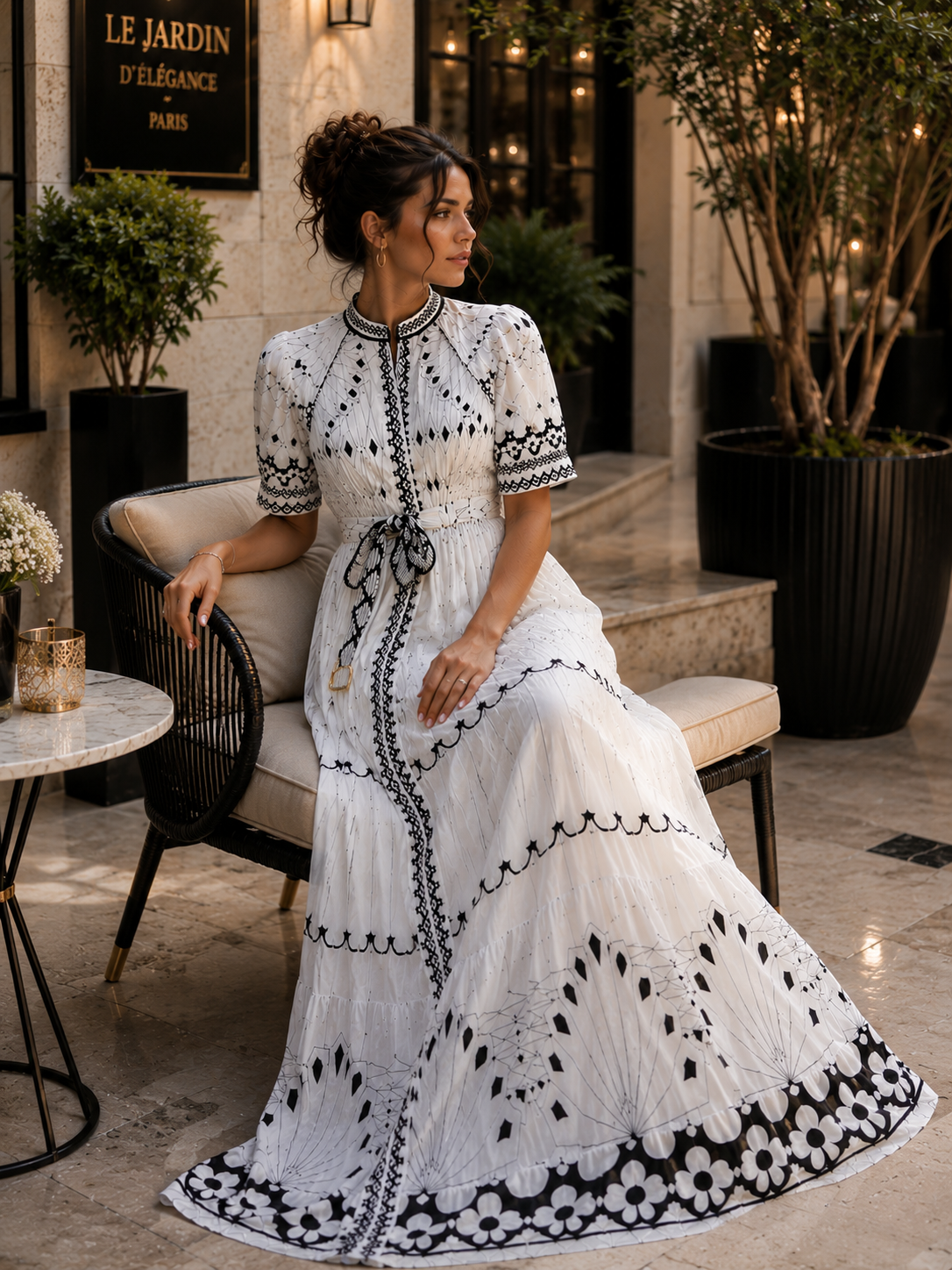 Elegant Black & White Bohemian Maxi Dress