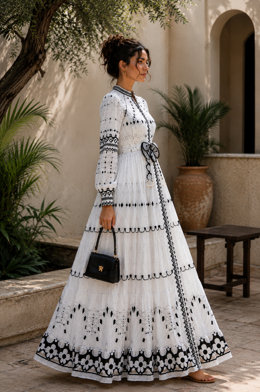 Elegant Black & White Bohemian Maxi Dress