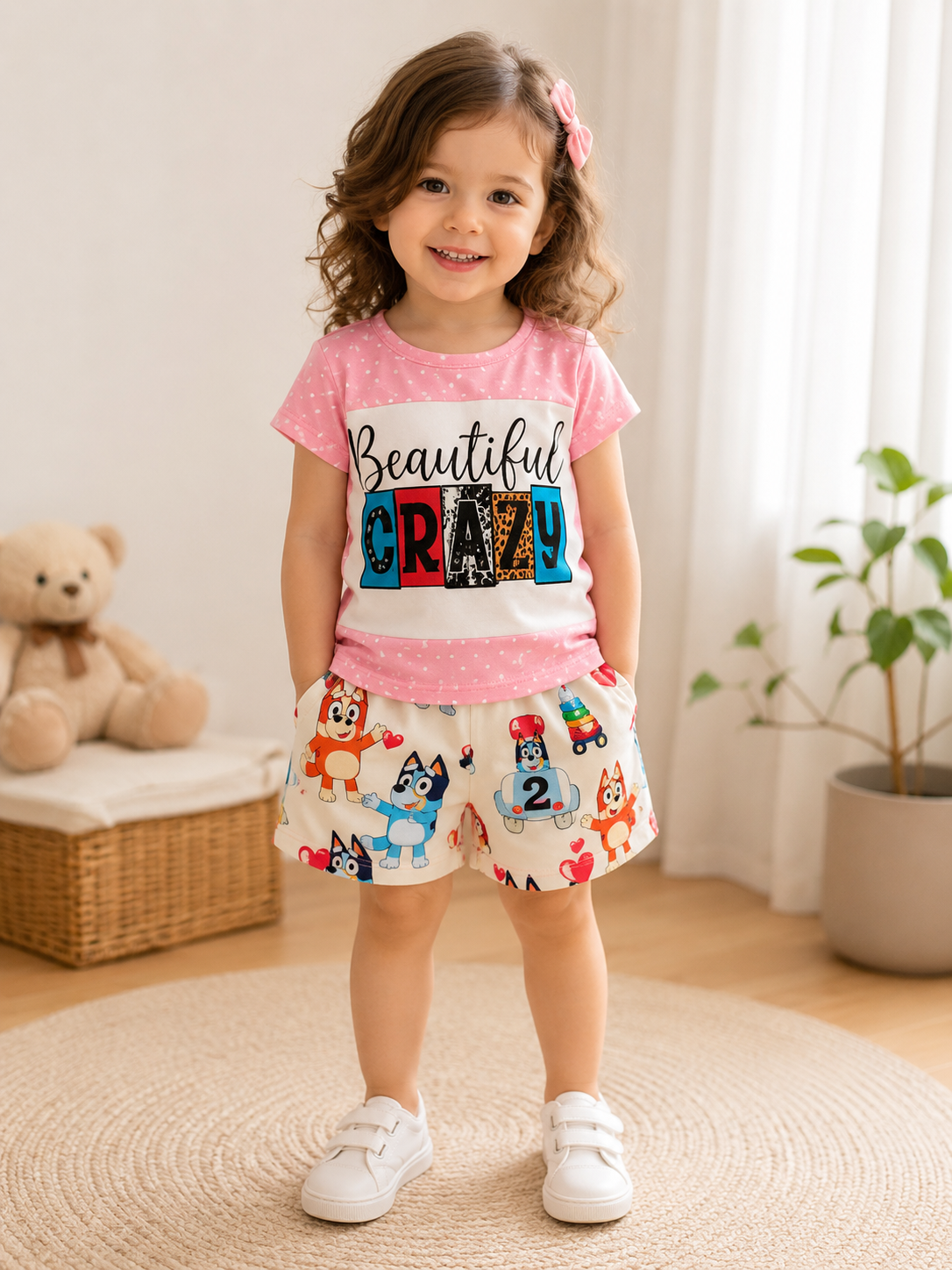 Girls 2-Piece Pink T-Shirt & Cartoon Shorts Set - 2-4 Years
