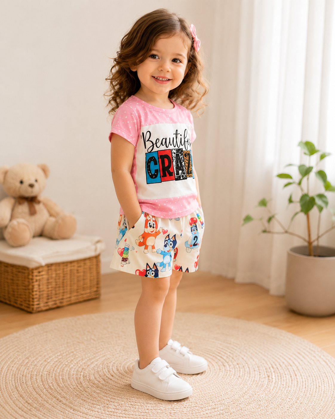 Girls 2-Piece Pink T-Shirt & Cartoon Shorts Set - 2-4 Years