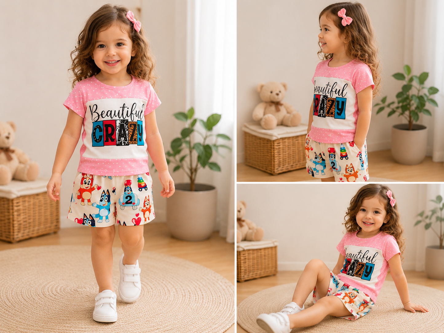 Girls 2-Piece Pink T-Shirt & Cartoon Shorts Set - 2-4 Years