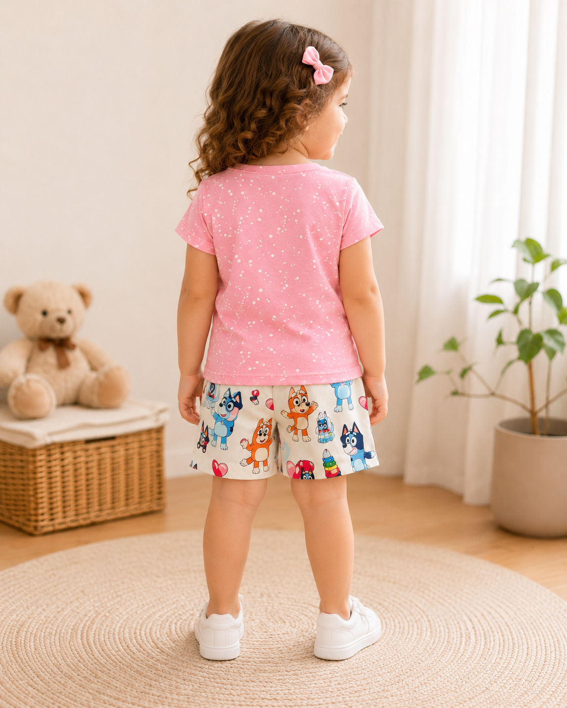 Girls 2-Piece Pink T-Shirt & Cartoon Shorts Set - 2-4 Years
