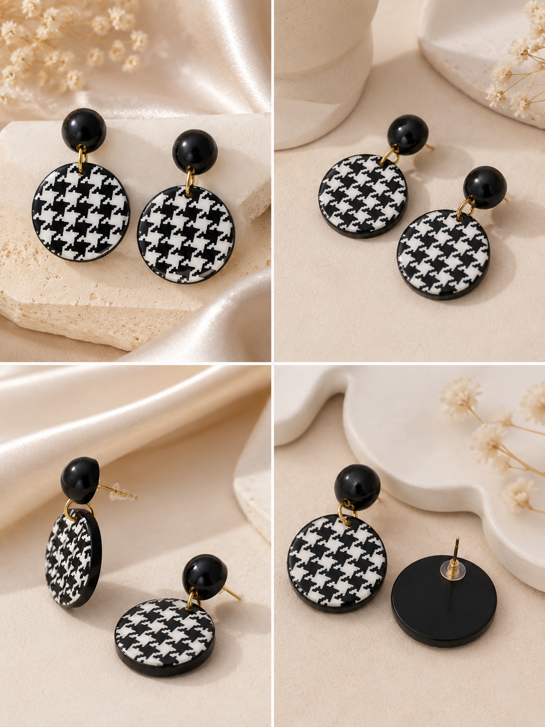 Women's Black & White Houndstooth Drop Earrings
