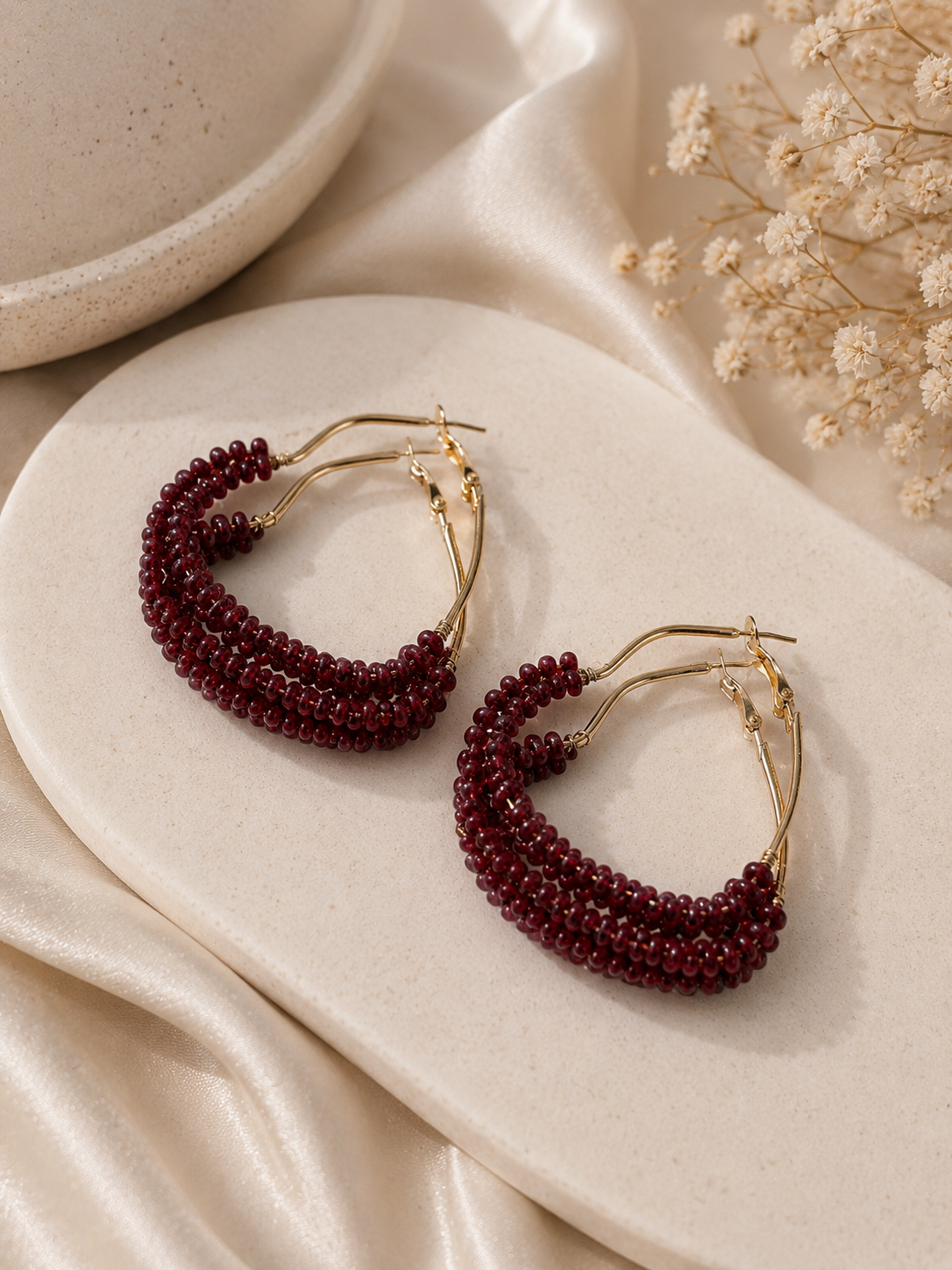 Women's Red & Gold Heart Beaded Hoop Earrings