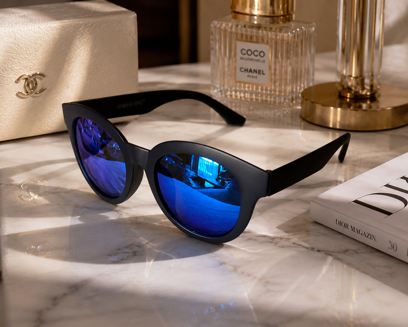 Women's Matte Black Cat Eye Sunglasses with Blue Mirror Lens