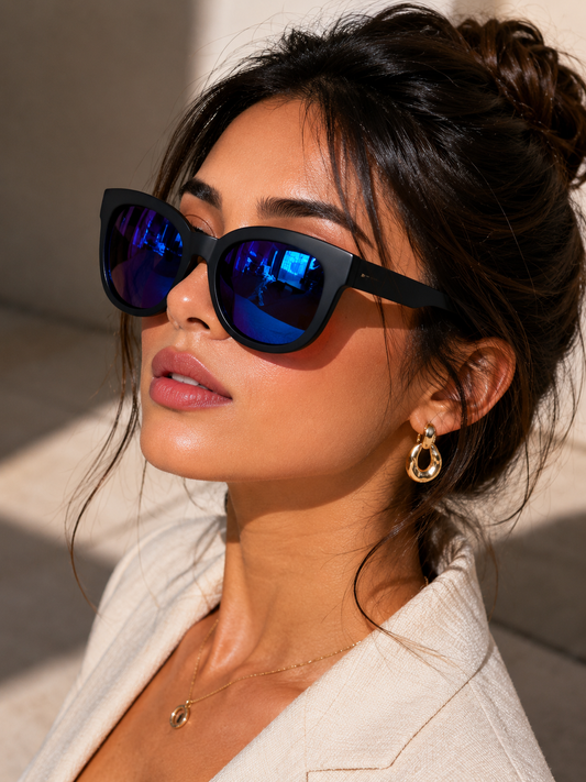 Women's Matte Black Cat Eye Sunglasses with Blue Mirror Lens