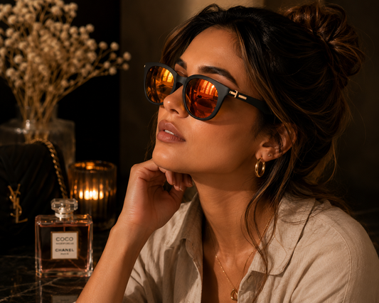 Women's Luxury Matte Black Sunglasses with Orange Mirror Lenses