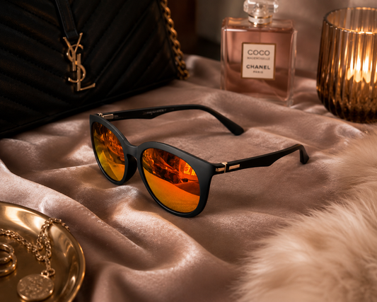 Women's Luxury Matte Black Sunglasses with Orange Mirror Lenses