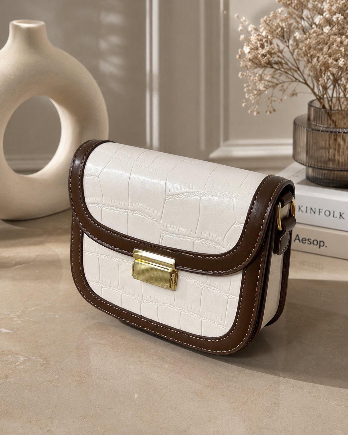 Elegant Croc-Embossed Crossbody Bag – Cream & Brown