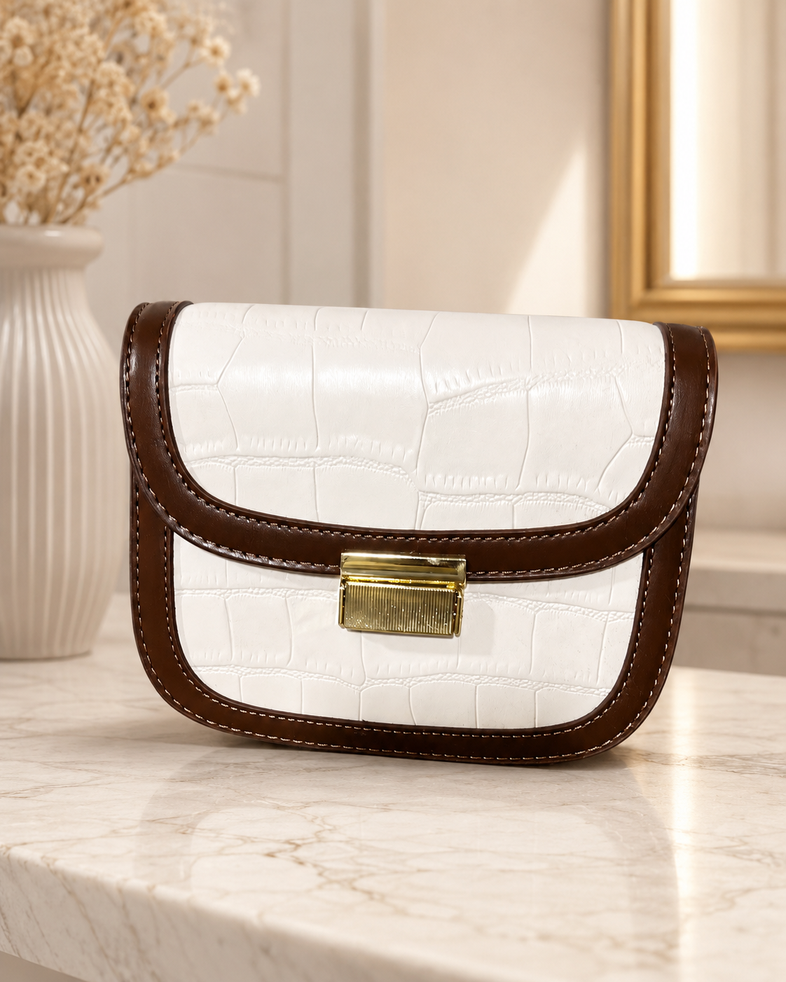 Elegant Croc-Embossed Crossbody Bag – Cream & Brown
