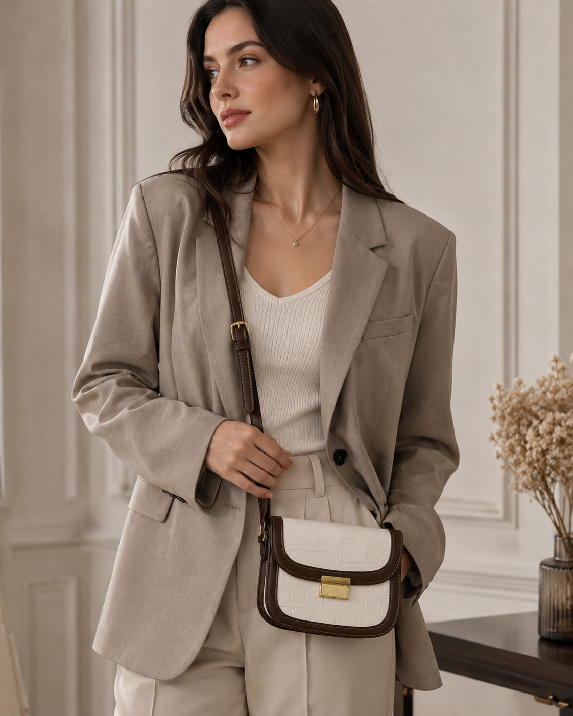 Elegant Croc-Embossed Crossbody Bag – Cream & Brown