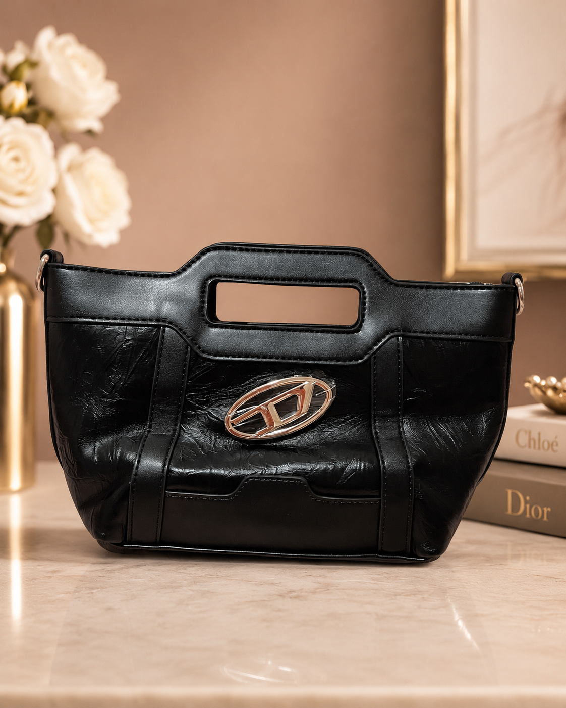 Elegant Black Glossy Leather Handbag