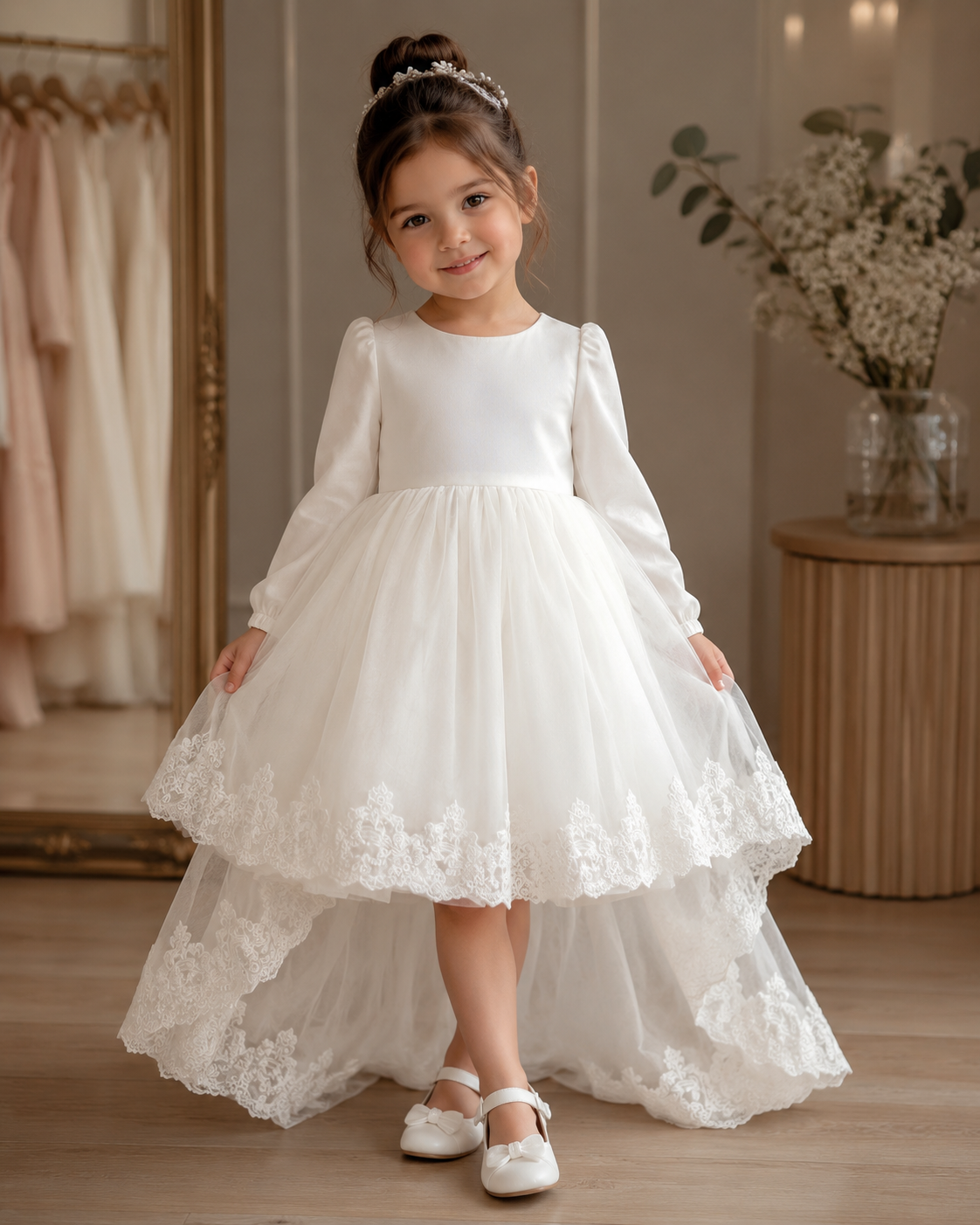 Elegant White Girls Party Dress with Lace Hem