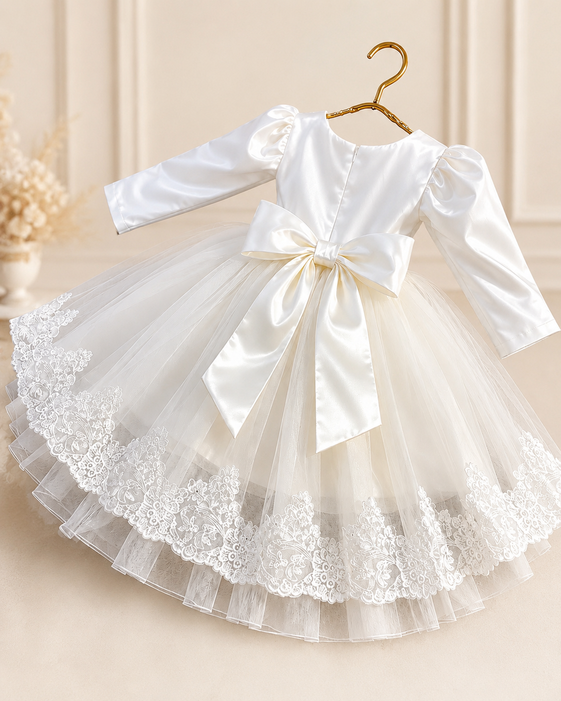 Elegant White Girls Party Dress with Lace Hem