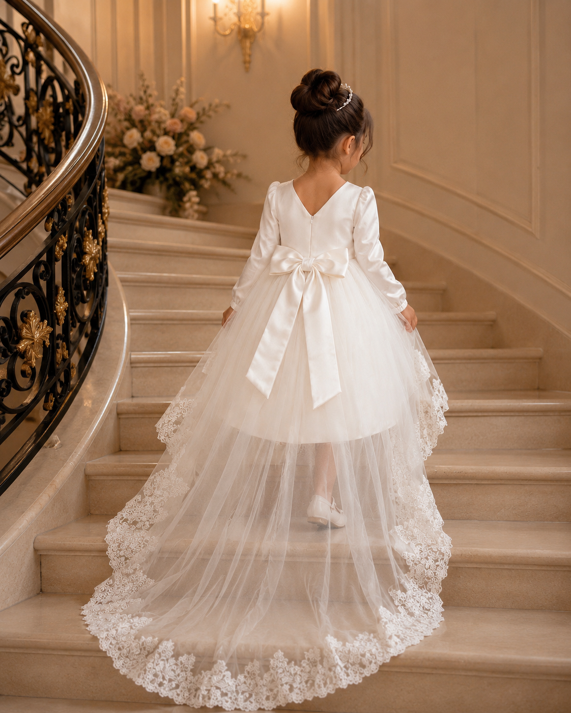 Elegant White Girls Party Dress with Lace Hem