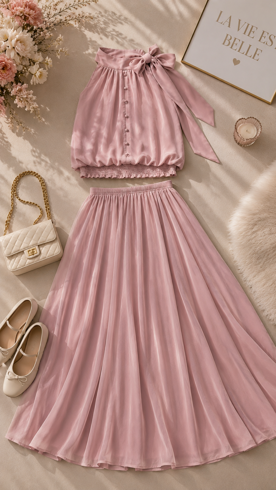 Elegant Blush Pink Two-Piece Chiffon Skirt Set