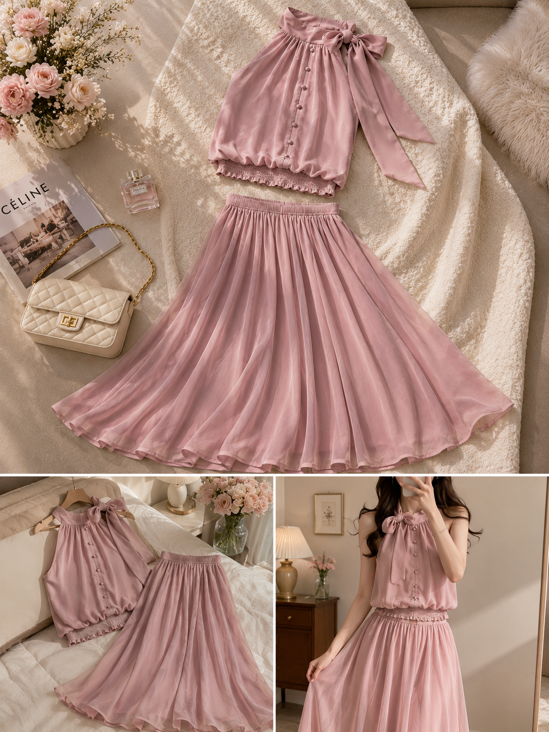 Elegant Blush Pink Two-Piece Chiffon Skirt Set