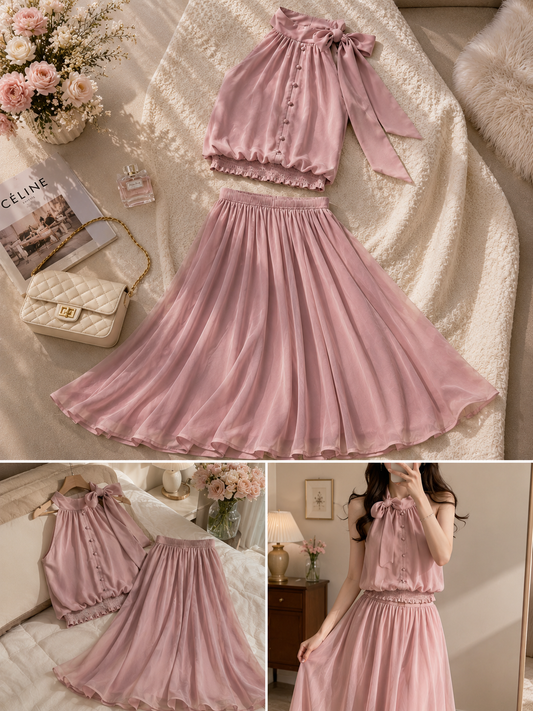 Elegant Blush Pink Two-Piece Chiffon Skirt Set