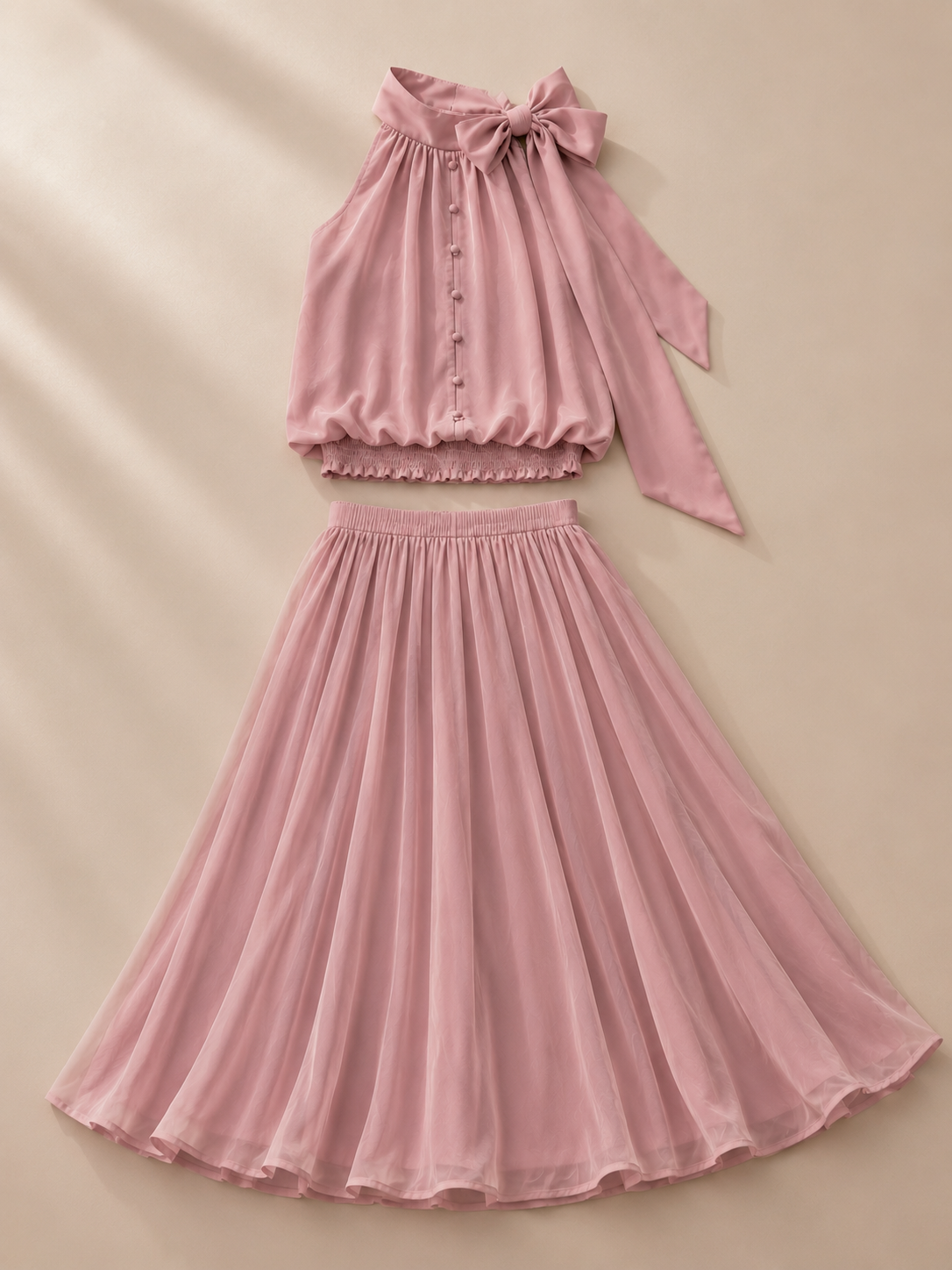 Elegant Blush Pink Two-Piece Chiffon Skirt Set