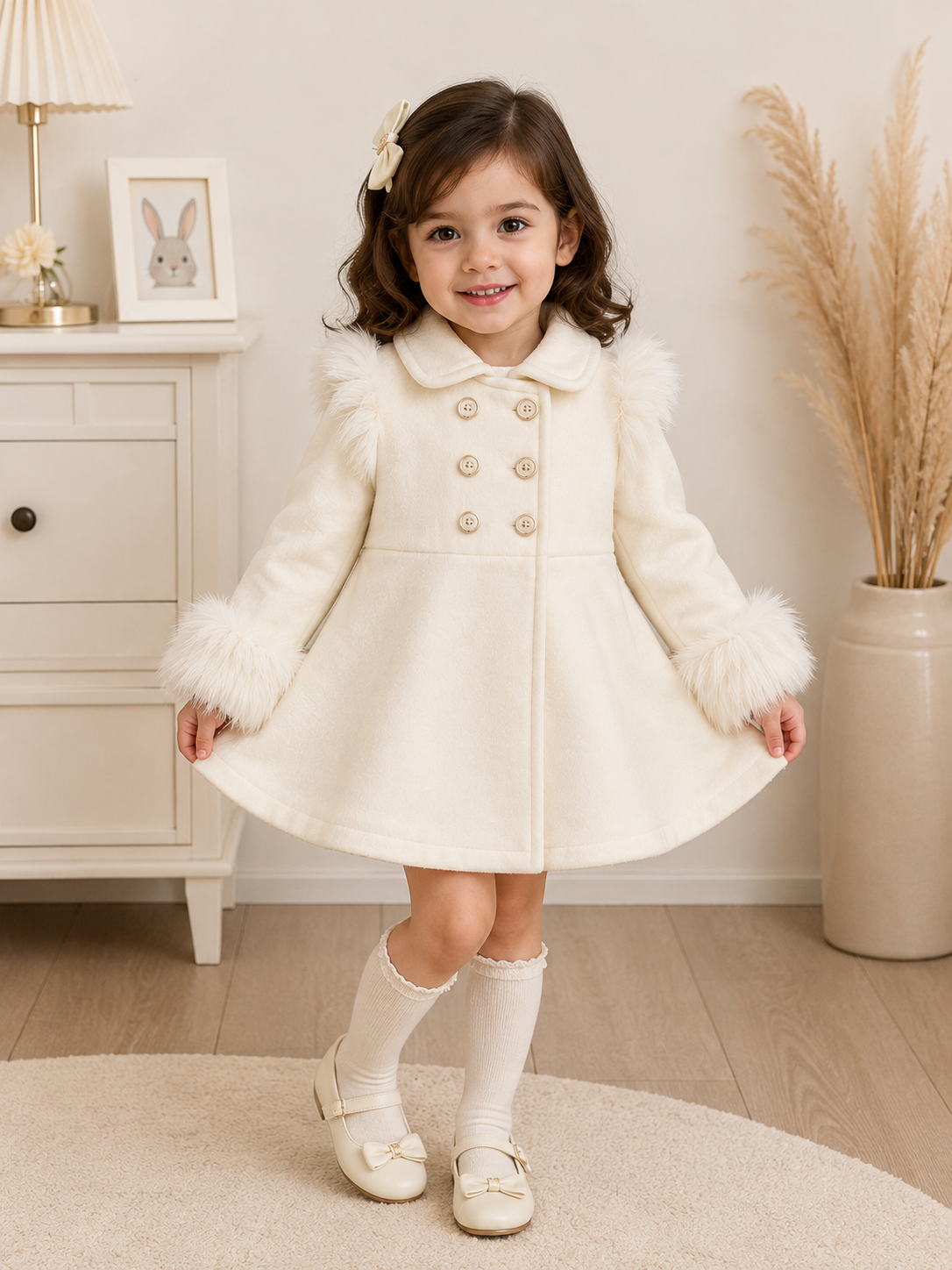 Girls Elegant Winter Faux Fur Coat – Ivory White