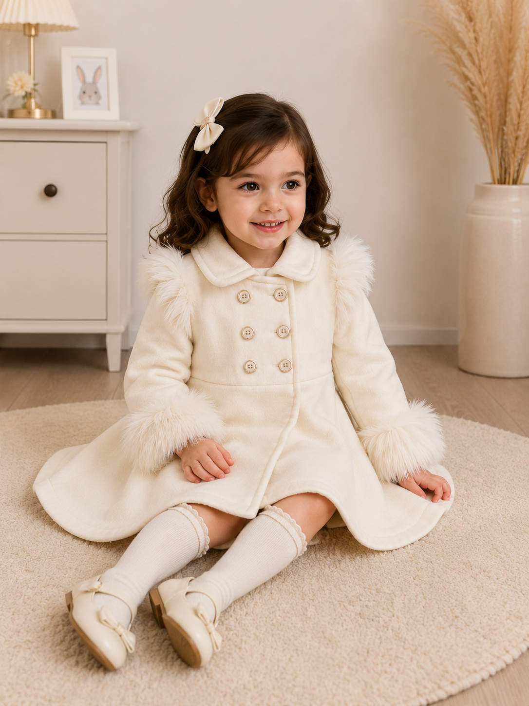 Girls Elegant Winter Faux Fur Coat – Ivory White
