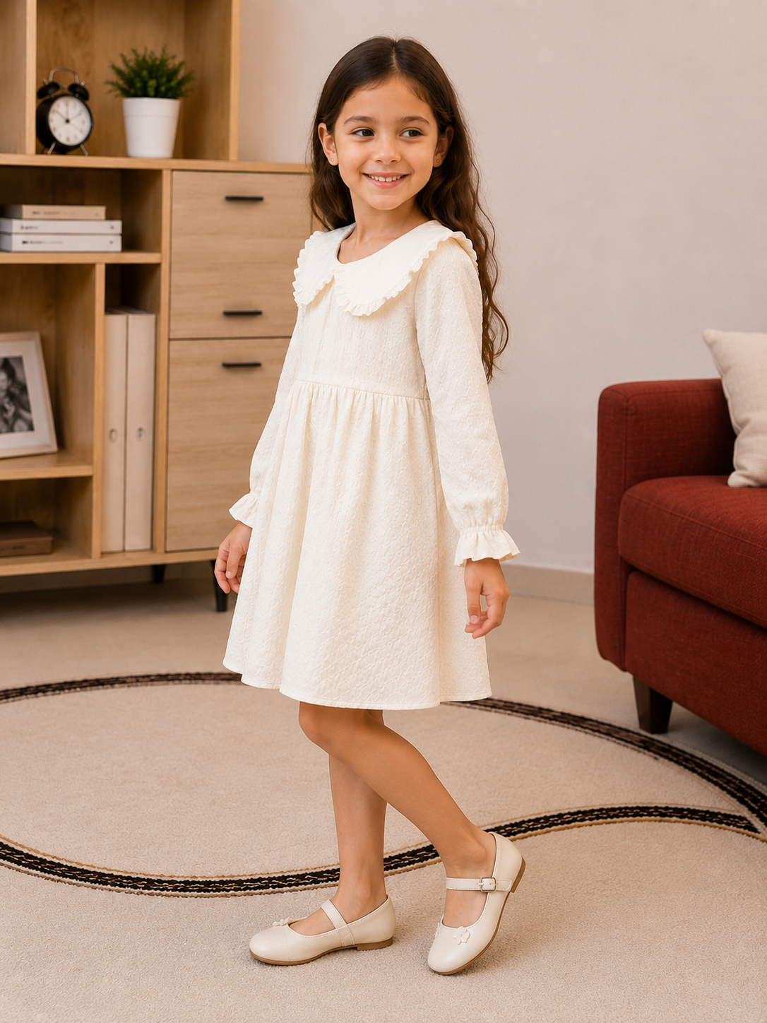 Girls Elegant Textured White Dress with Peter Pan Collar