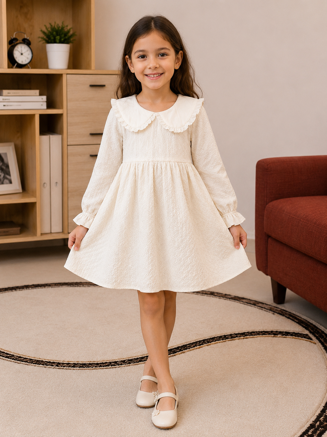 Girls Elegant Textured White Dress with Peter Pan Collar