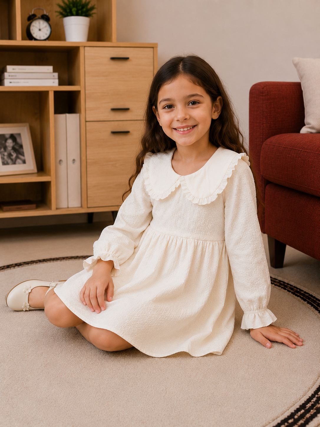 Girls Elegant Textured White Dress with Peter Pan Collar