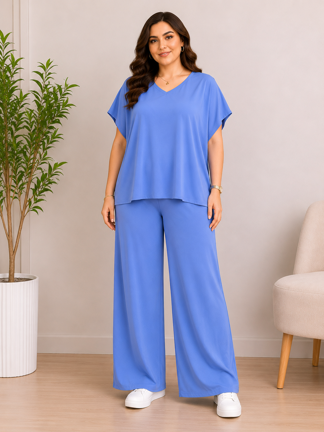 Plus Size Sky Blue Two-Piece Lounge Set