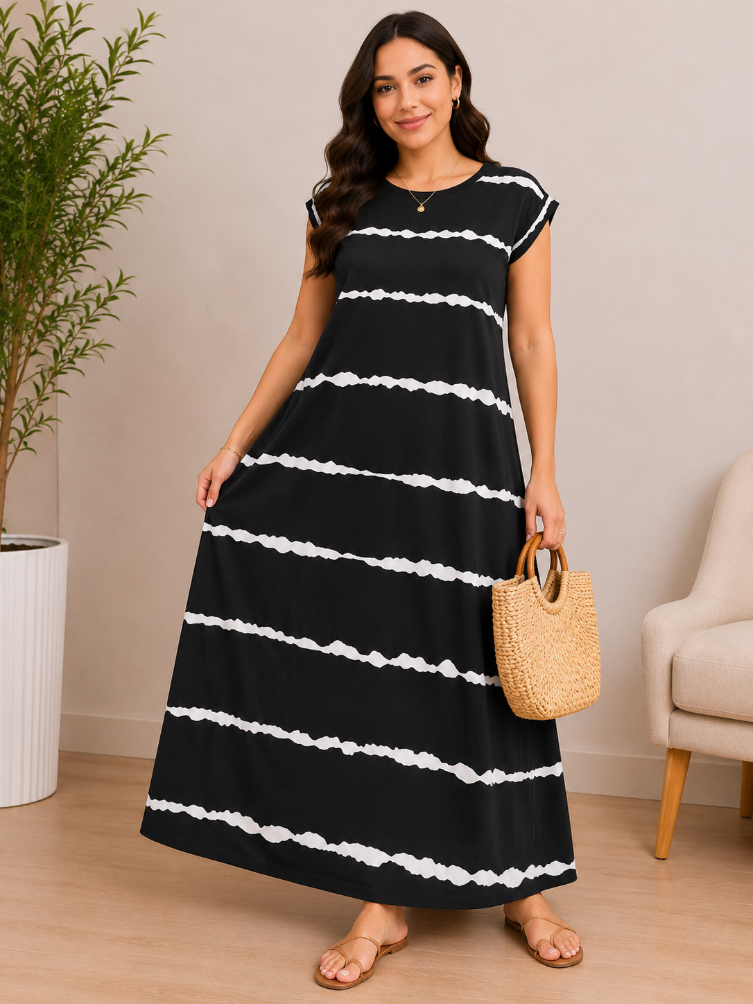 Women’s Black & White Striped Maxi Dress