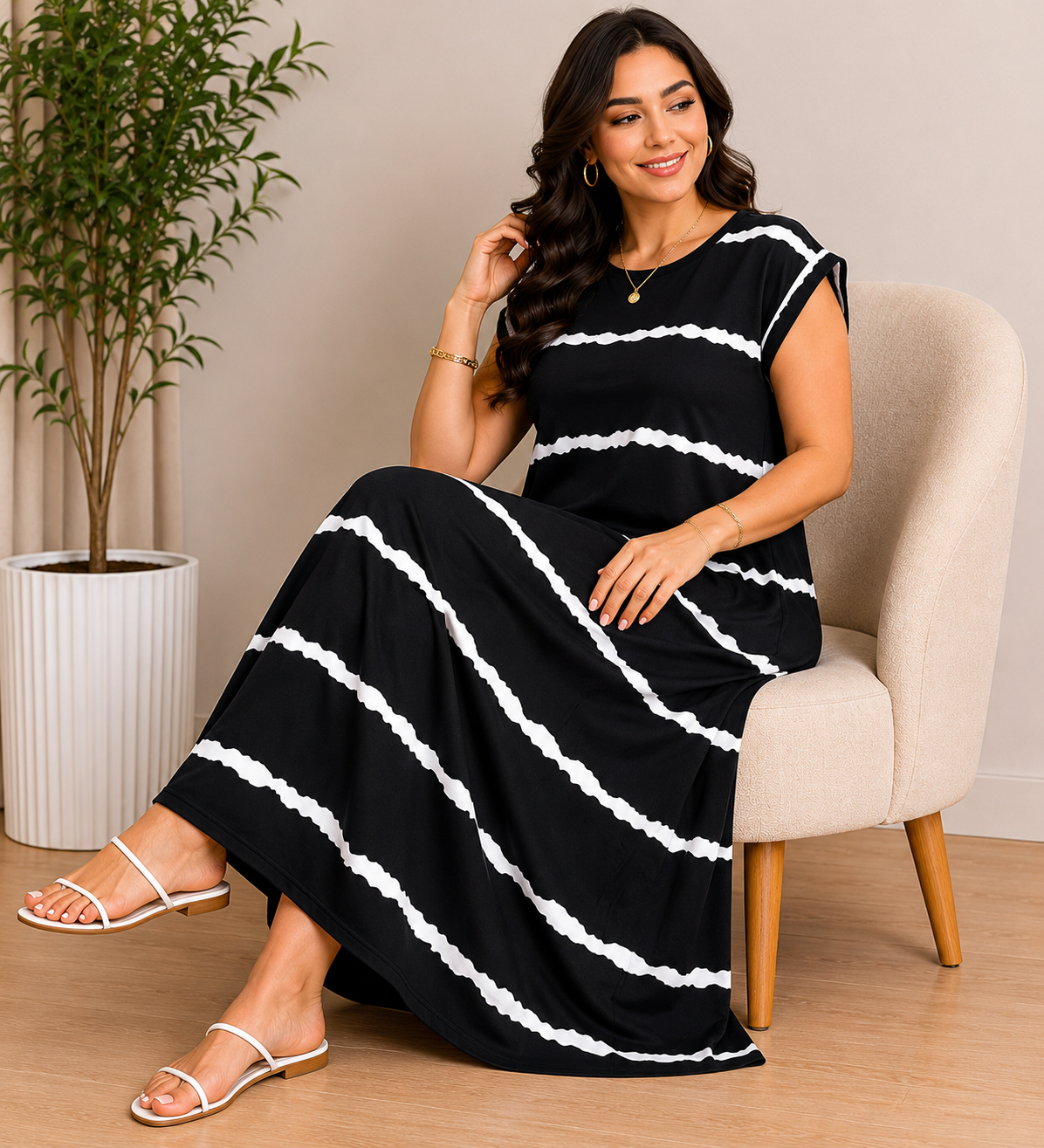 Women’s Black & White Striped Maxi Dress