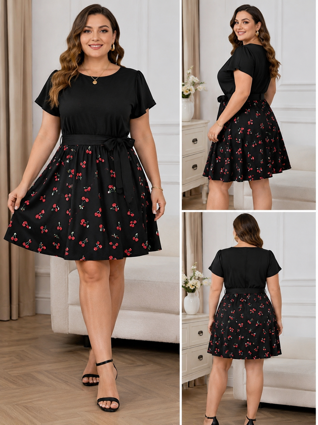 Plus Size Black Cherry Print Short Dress