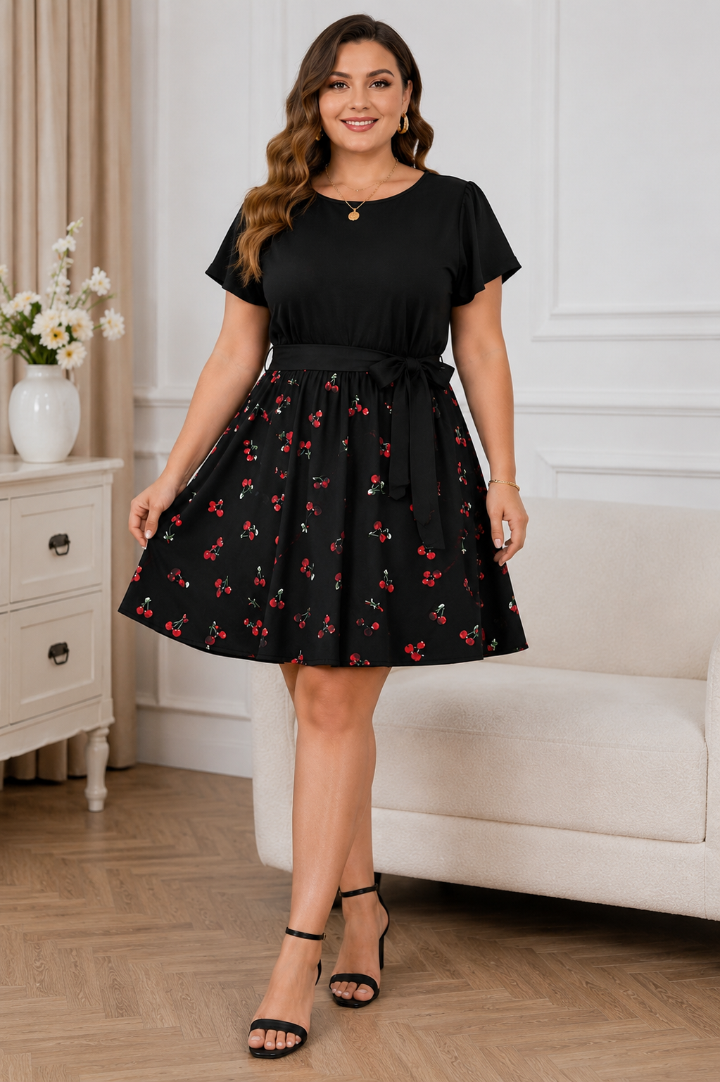 Plus Size Black Cherry Print Short Dress